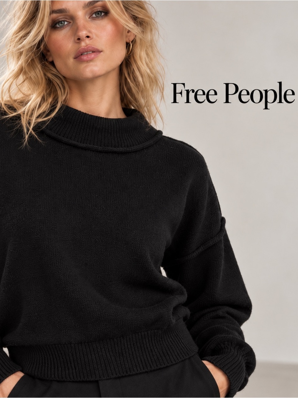🌸CASHMERE Free People Black Mock Neck Pullover Sweater size S Minimalist Preppy
